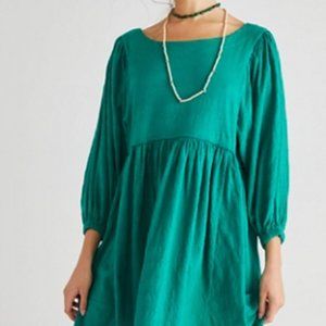 Free People Beach Get Obsessed Babydoll Dress Green Cotton 3/4 Sleeve Mini